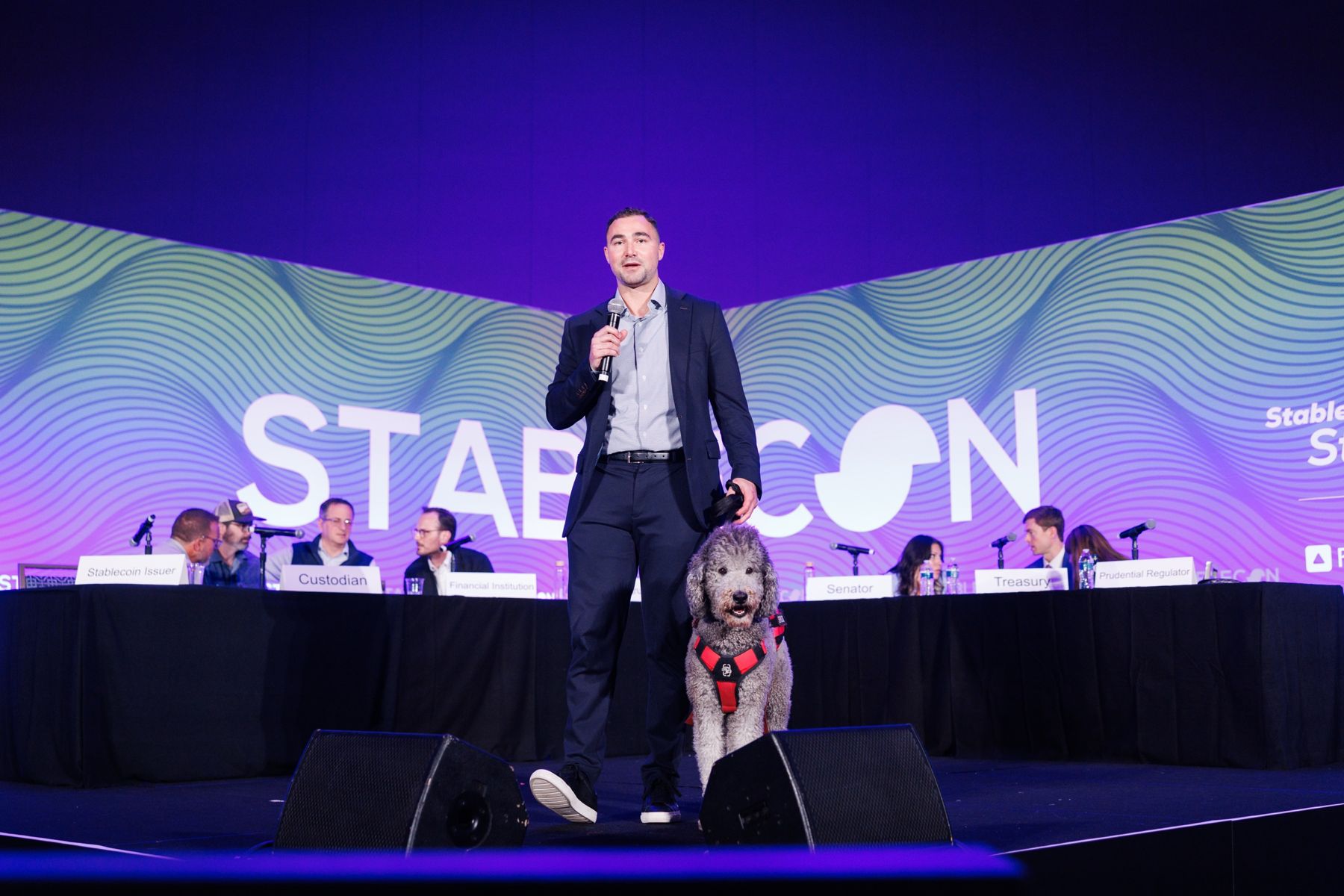 Dominic on the StableCon main stage with panelists seated behind placards reading Stablecoin Issuer, Custodian, Financial Institution, Senator, Treasury, and Prudential Regulator